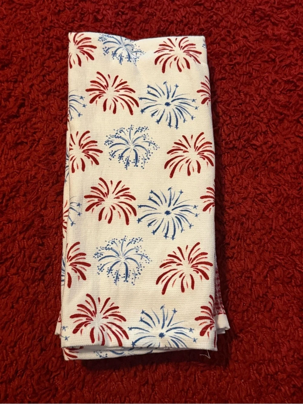Rae Dunn Kitchen Towels - set of 3- CELEBRATE w/ Red & Blue Firework Print NWT